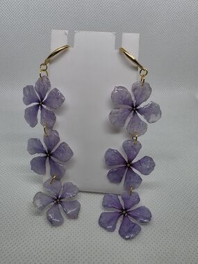 Handmade Purple Floral Drop Earrings - Gold Tone
